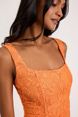 Larine Orange Abstract Floral Embroidered Midi Dress