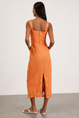 Larine Orange Abstract Floral Embroidered Midi Dress