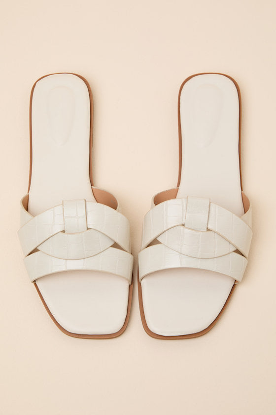 Dinny Ivory Croc-Embossed Slide Sandals