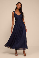 Laufey Navy Blue Pleated Drop Waist Midi Dress