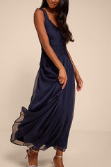 Laufey Navy Blue Pleated Drop Waist Midi Dress