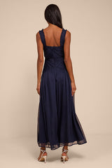 Laufey Navy Blue Pleated Drop Waist Midi Dress