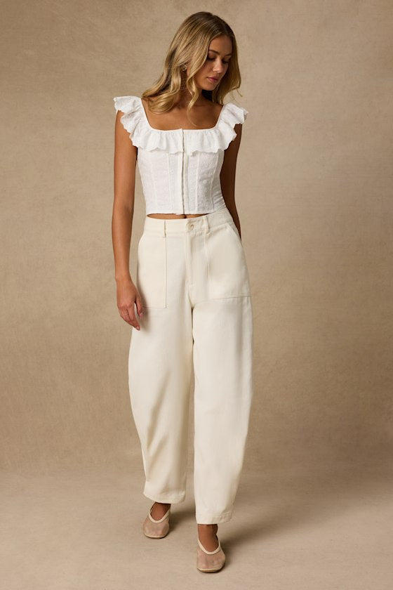 Merritt Cream Twill Button-Snap Hem Barrel Leg Pants