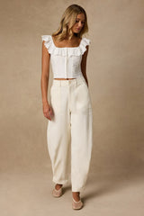 Merritt Cream Twill Button-Snap Hem Barrel Leg Pants