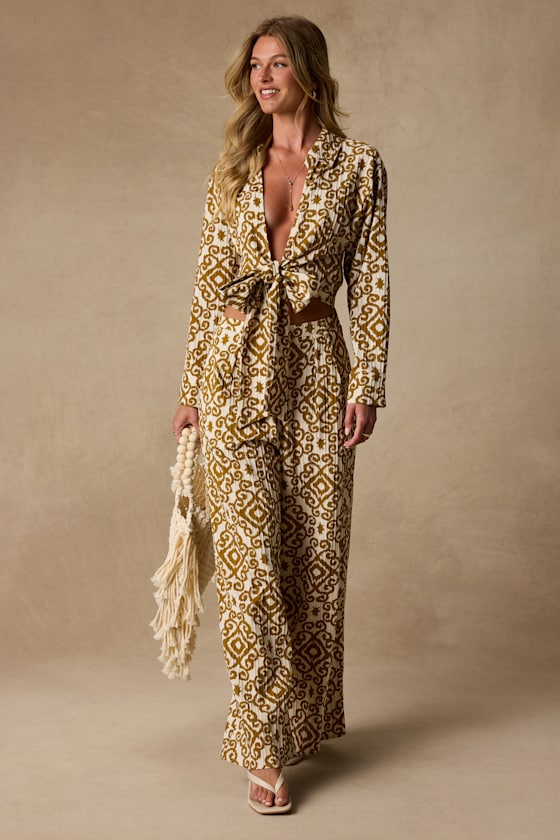 Cove Ivory and Tan Boho Print Tie-Front Top