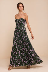 Elkay Dark Green Floral Pleated Drop Waist Maxi Dress