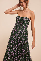 Elkay Dark Green Floral Pleated Drop Waist Maxi Dress