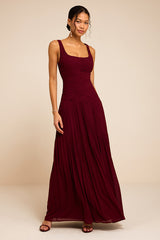 Rhonda Burgundy Pleated Drop Waist Maxi Dress