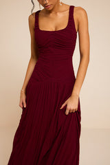 Rhonda Burgundy Pleated Drop Waist Maxi Dress