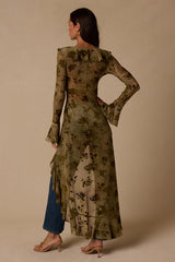 Winifred Olive Sheer Mesh Jacquard Lace-Up Duster Top