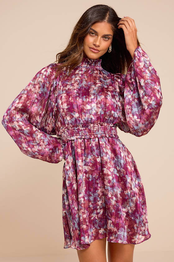 Andie Magenta Multi Abstract Floral Mock Neck Mini Dress