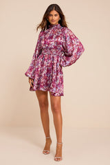 Andie Magenta Multi Abstract Floral Mock Neck Mini Dress