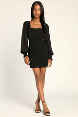 Perfect Sensation Black Mesh Ruched Puff Sleeve Mini Dress